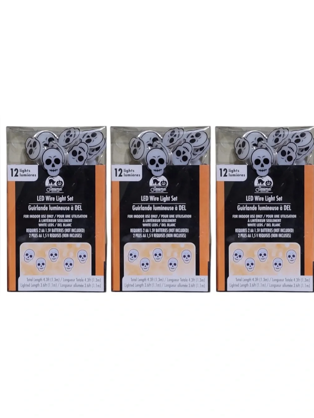 Seasonal Collection Halloween LED White Skeleton Skull String Light Sets, 3 Pack